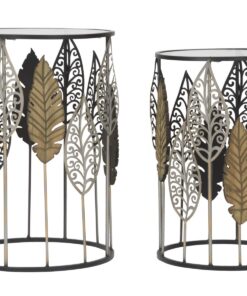 TAVOLINETTI IN FERRO E LEGNO FOGLIE COPPIA CM 38X55-33X50